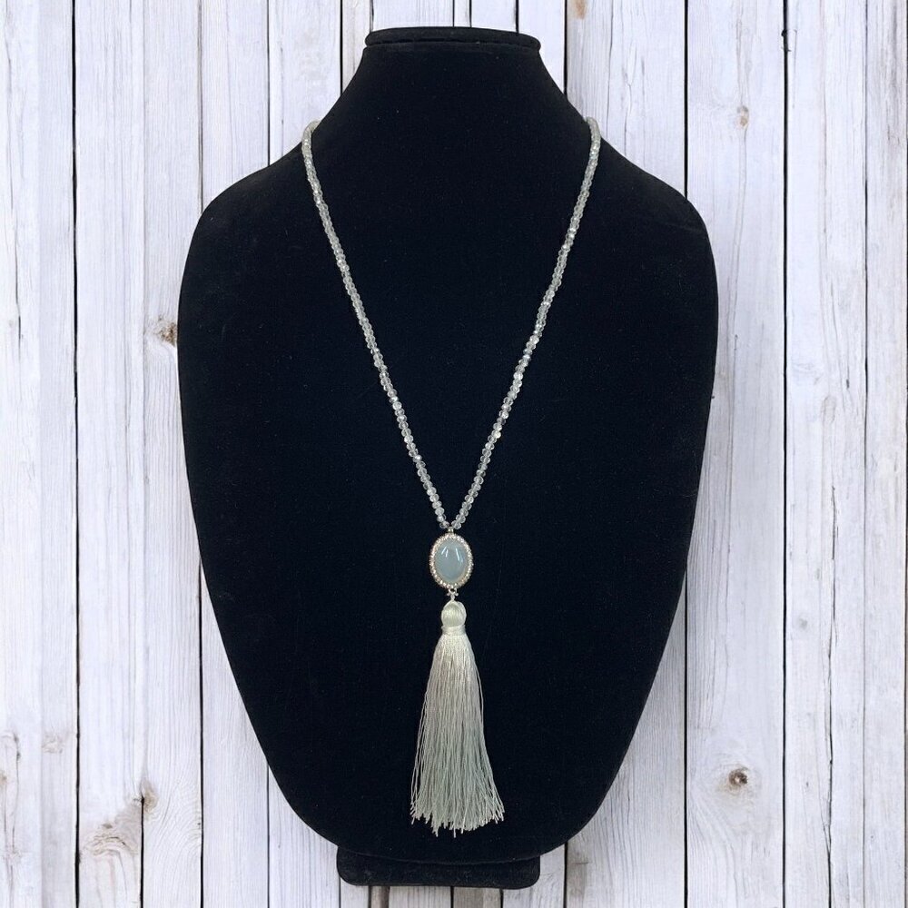 LOFT Beaded Tassel Necklace Opera Length Pale Blue Faux Gemstone Rhinestone 34"L